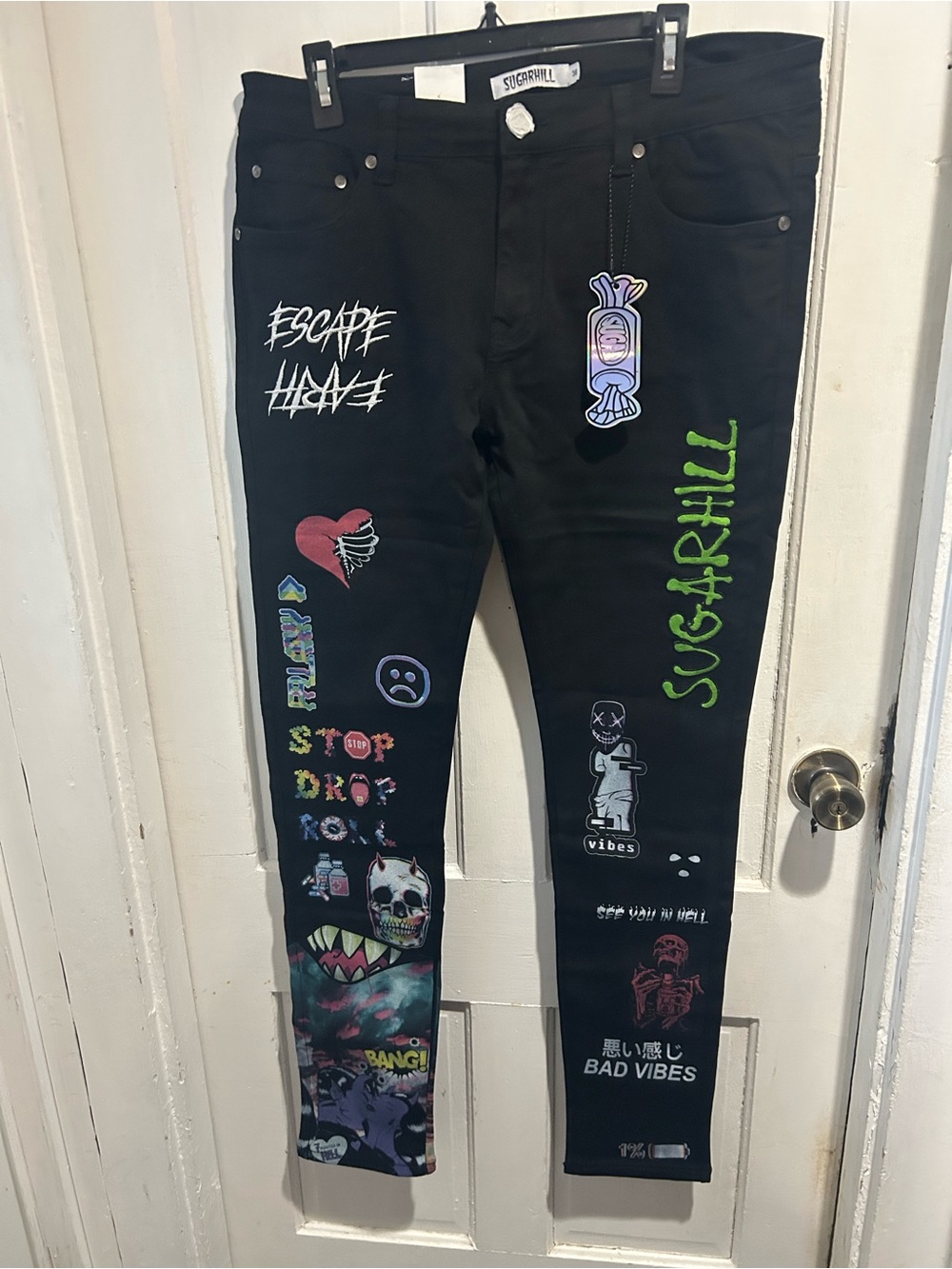 Sugarhill Black Skinny Jeans with Graphic Patch Details